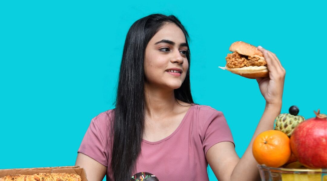 Healthy and unhealthy food choices representing the global obesity crisis affecting 2.5 billion adults worldwide